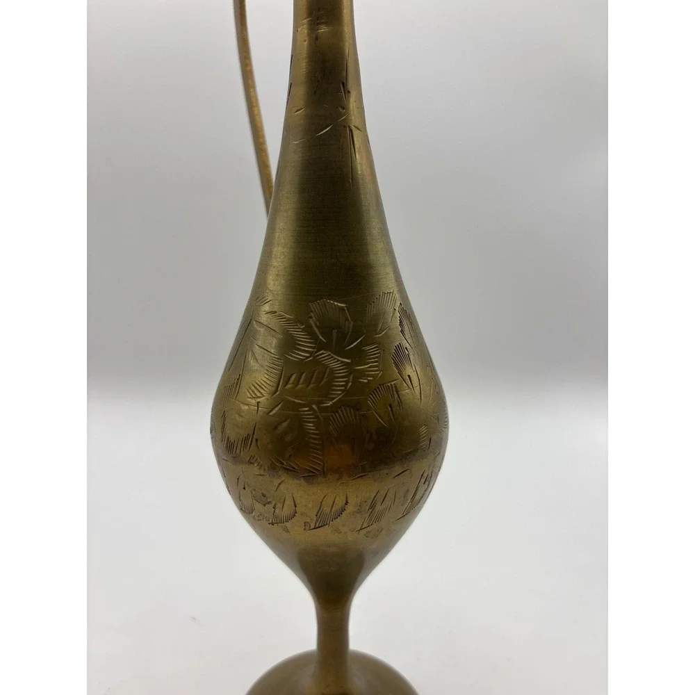 Vintage Etched Brass Aftaba Pitcher Decorative Tall Bud Vase India 11.5 inch